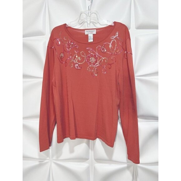 Victor Costa Occasion Sz L Orange/Pink Beaded Sequin Sweater Knit Top Womens - Picture 2 of 7